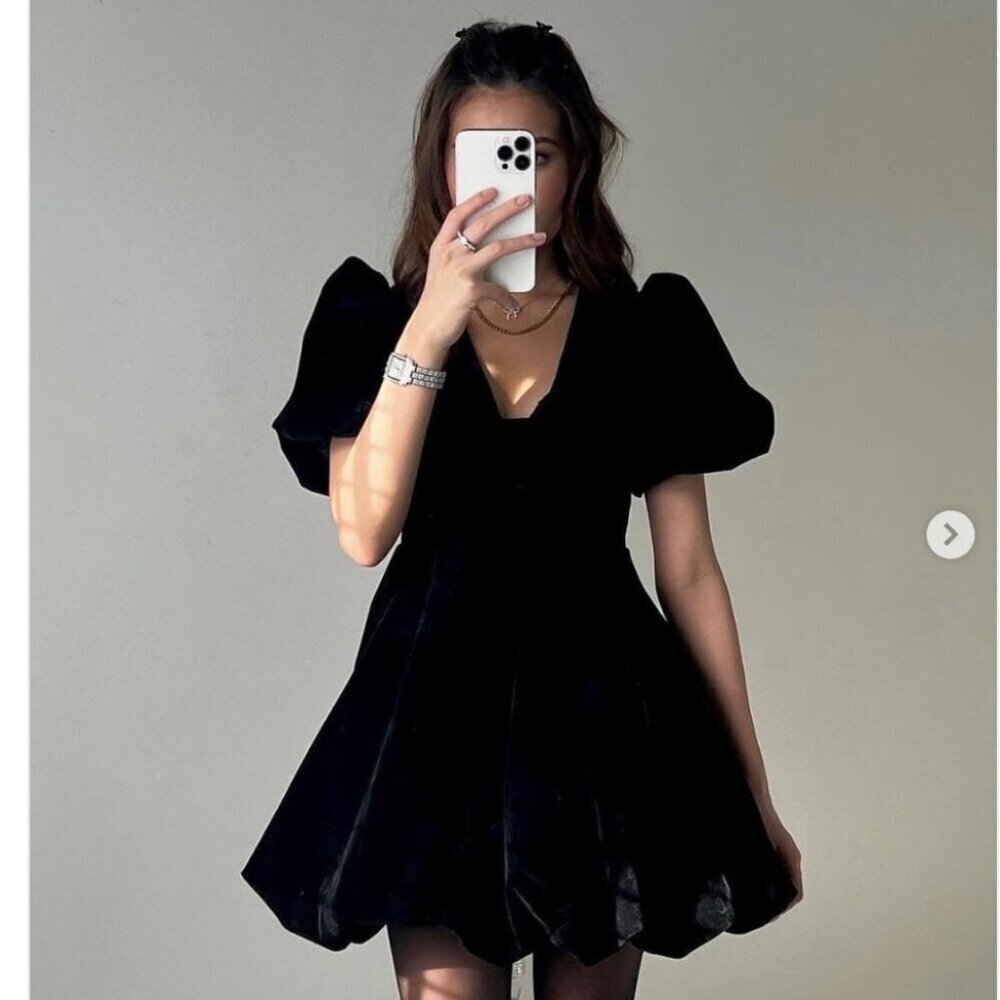 Zara Velvet Puff Sleeve Puff Hem V Neck Mini Dress Black Blogger Fav Size XS